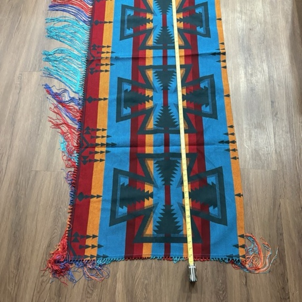 Southwestern Wool Geometric Fringed Shawl Robe Multicolor 28x78 Blue - Picture 5 of 13